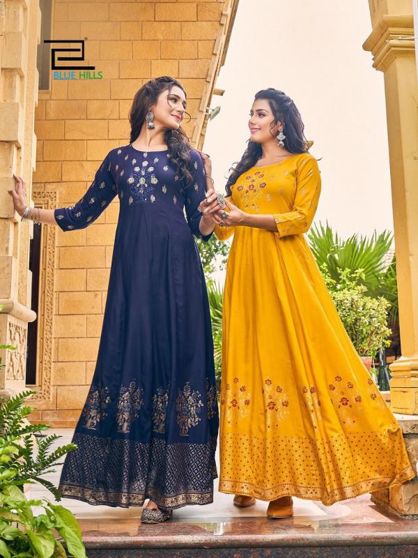 Blue Hills Enagage Designer Heavy Rayon Long Anarkali Kurti For Festival Wear Collection